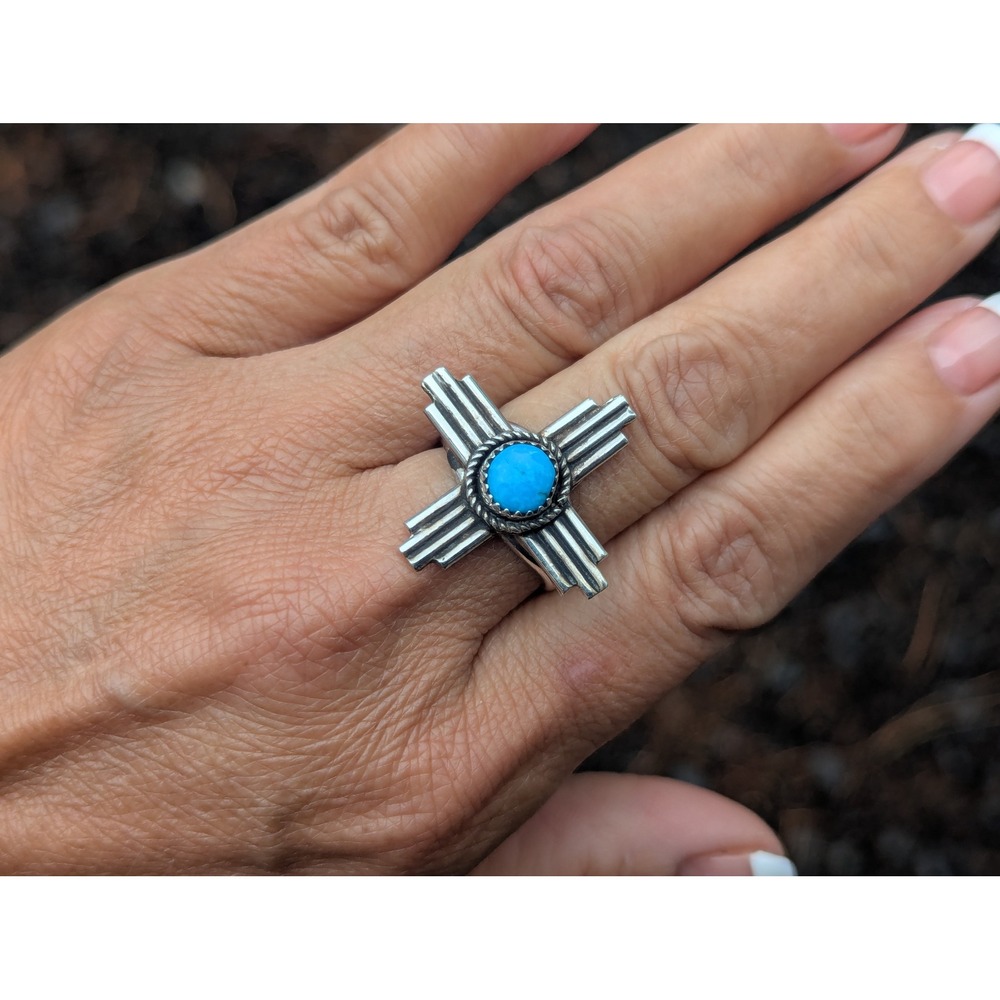 Navajo Zia Ring Turquoise Handmade Native American Jewelry Silver Band Sz 8.5US* - Picture 3 of 9